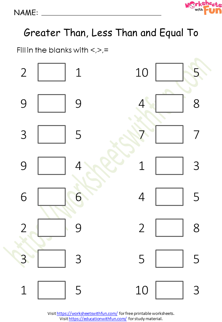 Topic Greater Than, Less Than and Equal To Worksheets Mathematics